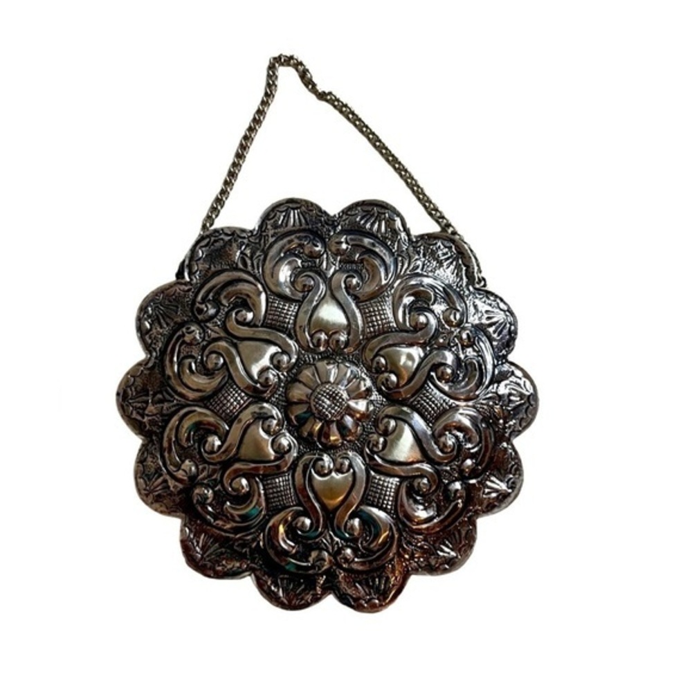 Vintage Turkish Silver Mirror with Chain- approx. 4.5” diameter